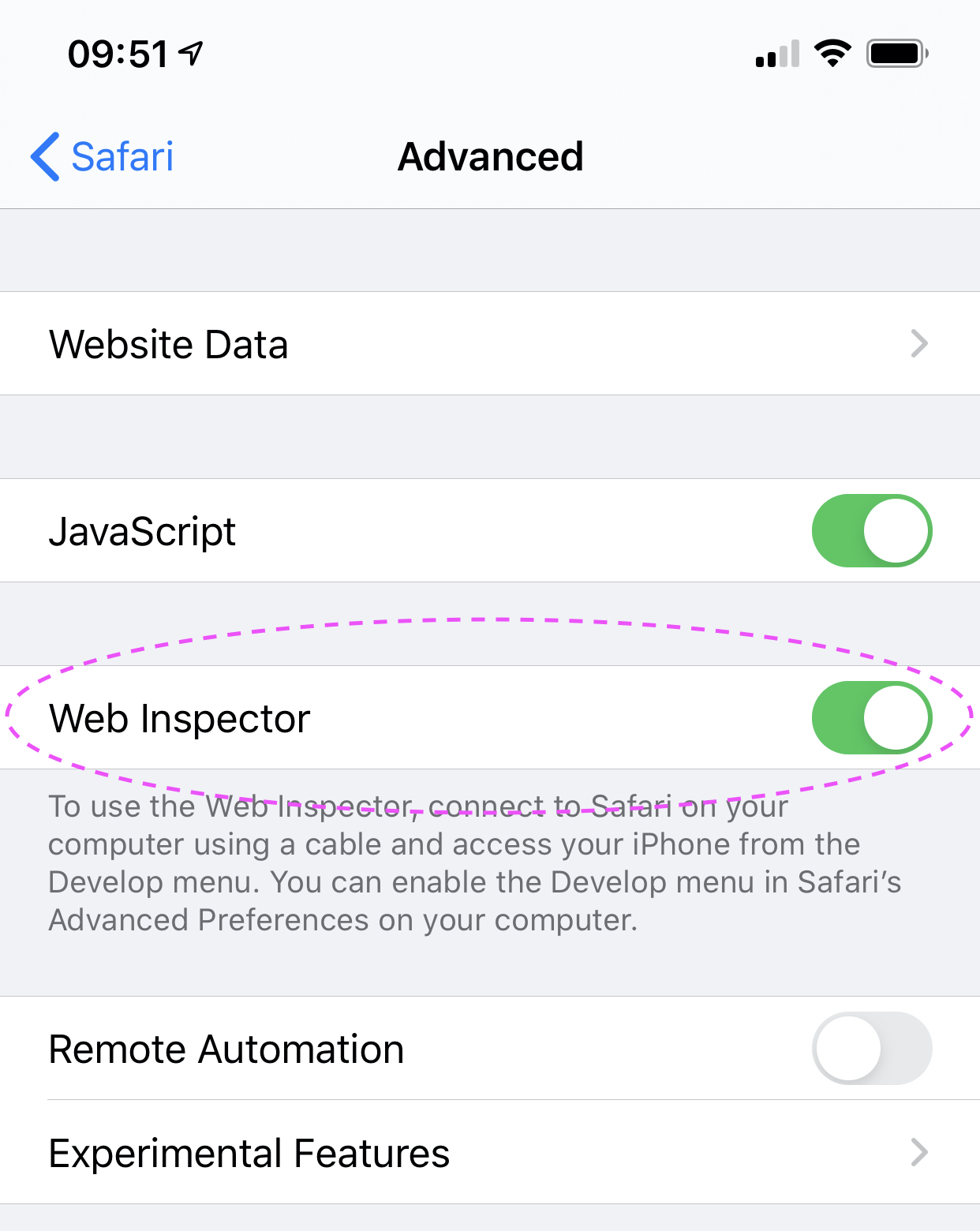 Enable Web Inspector on your iPhone