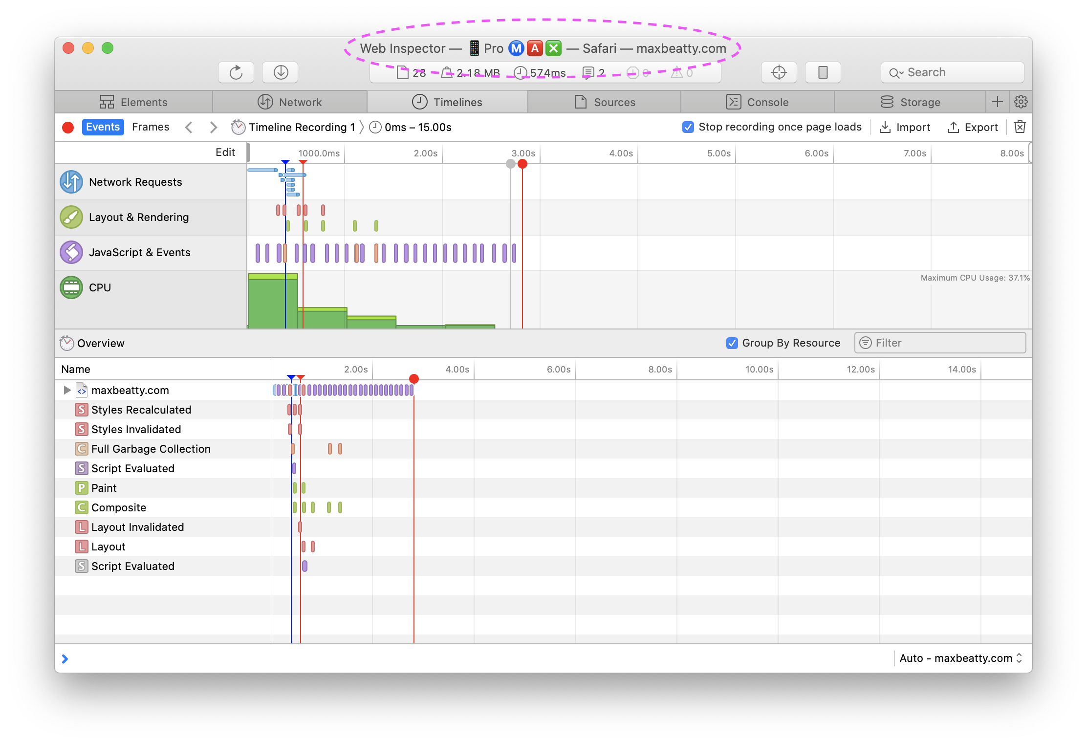 Web page on iPhone being inspected on Mac